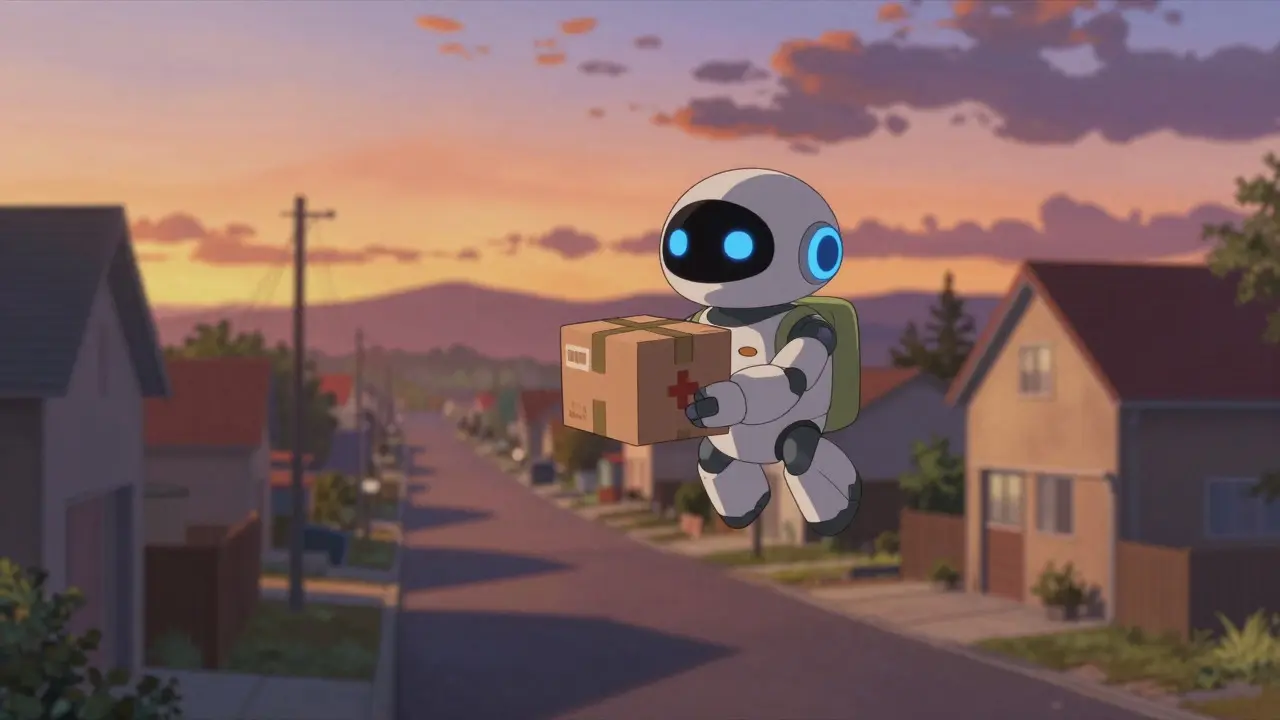 Small delivery robot flying over a neighborhood with a medicine package