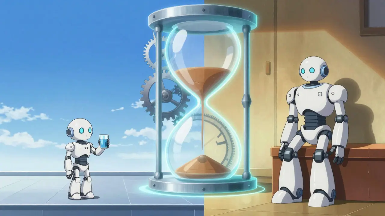 Split screen showing separate waiting zones for two distinct robotic figures.