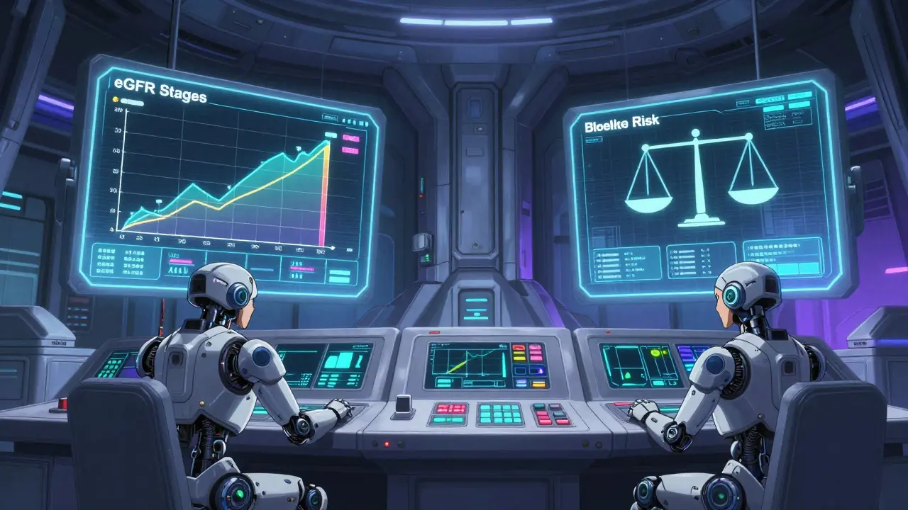 Super robot pilots analyzing eGFR and risk scales in a futuristic medical control room