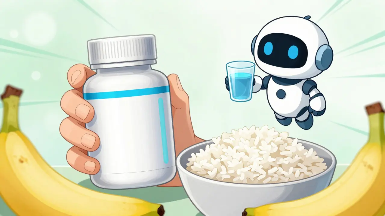 Super robot style art of a hand holding pills and healthy food with a helper robot offering water.
