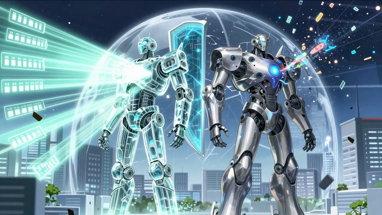 Two different super robots standing back-to-back protecting a city with combined energy