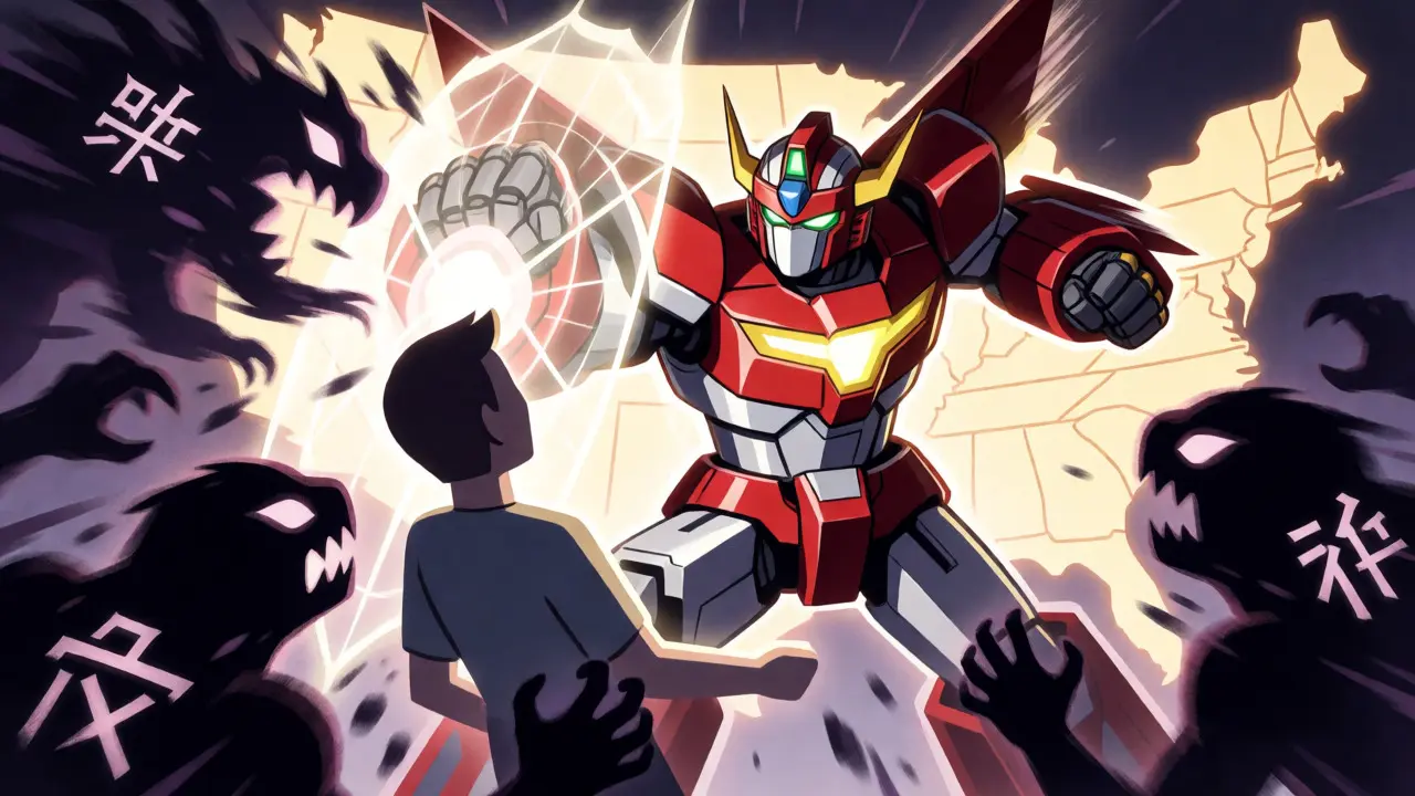 Anime robot shielding patient from scam monsters with a glowing shield