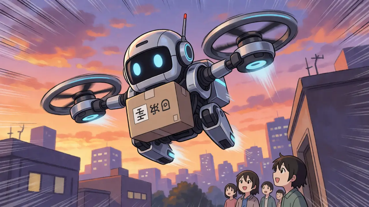 Delivery robot flying over a city carrying a medical package at sunset