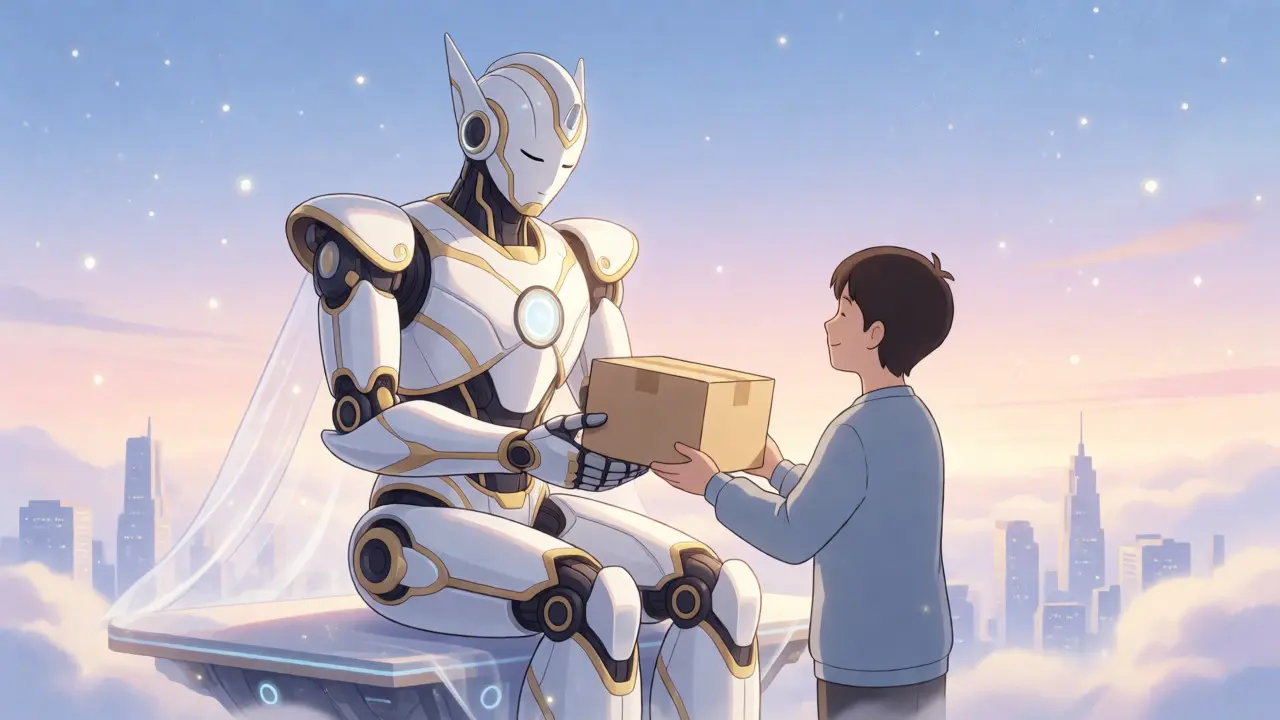 Serene anime robot delivering medication package to a happy person